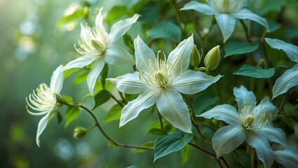 Obraz premium Cluster of white flowers on a green leafy plant, blooming in natural sunlight. Botanical nature and flowering plant, nature, and flora. The concept of flowering and botanical beauty