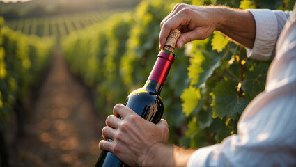 Wine bottle uncorking, blurred vineyard background for headline.