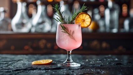 A pink cocktail garnished with lemon and rosemary in a glass with a bar background. Refreshing drink, bar scene, beverage, and cocktail.