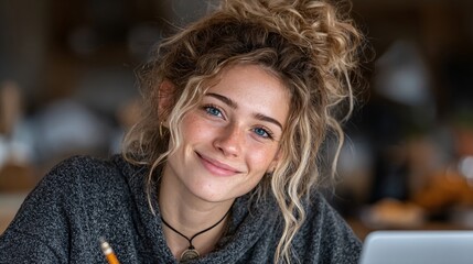 Happy young woman focused on laptop while taking notes during a home study session
