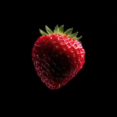Bright red strawberry suspended against a black background showcasing its freshness and texture in a minimalistic style