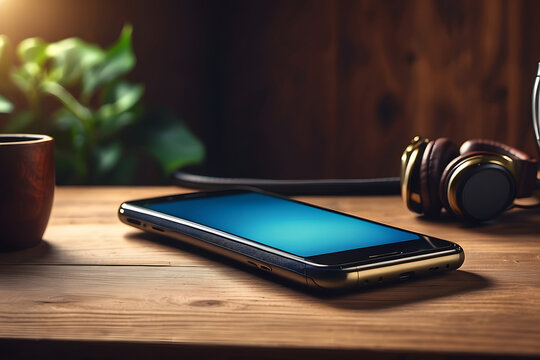 Modern tech lifestyle mobile device with headphones and sleek design on wooden desk surface