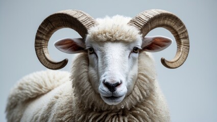 Young ram with large, curved horns, woolly coat, and calm expression.