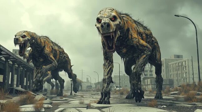 cartoon movie of terrible alien zombie creatures attacking a small town in a post apocalyptic world - generative ai