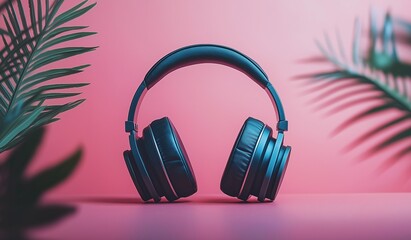 Stylish pink headphones on a tropical pastel background with palm leaves, showcasing modern audio gear for music lovers and tech enthusiasts in a vibrant summer theme