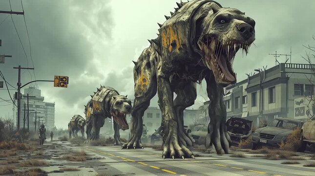 cartoon movie of terrible alien zombie creatures attacking a small town in a post apocalyptic world - generative ai