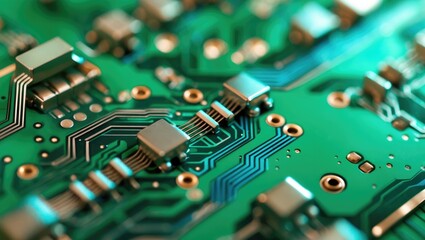 Obraz premium Close-up of a circuitry motherboard with electronic components and green printed circuit board. Technology and electronics, concept. Circuit design and electronic communication.