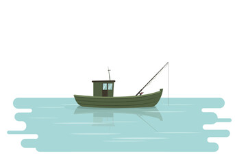Olive Green Fishing Boat with Cabin and Fishing Rod on Water