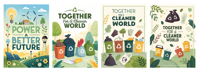 Colorful illustrations promoting eco-conscious living and teamwork for a cleaner future.