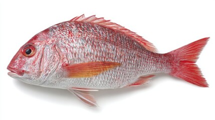 Obraz premium A freshly caught red snapper fish lies on a clean white surface, highlighting its bright red skin and shimmering scales. The fish's fins are extended, emphasizing its natural shape