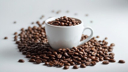 Naklejka premium A cup filled with coffee beans surrounded by scattered coffee beans on a white background.