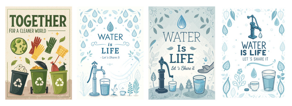 Collection of eco-friendly posters promoting recycling and water conservation.