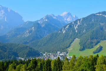 View of Kranjska Gora town bellow the mountains in Gorenjska, Slovenia
