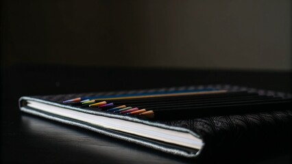 Closed black notebook with colored pencils on dark background