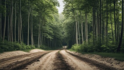 Fototapeta premium A dirt road through a lush green forest with tall trees and dense foliage, conveying a peaceful natural landscape.