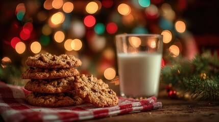 A stack of freshly baked chocolate chip cookies is placed on a red and white checkered cloth next to a glass of milk. Colorful Christmas lights create a warm holiday atmosphere