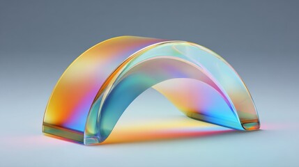 A transparent arch sculpture made of glass exhibits a spectrum of colors as it reflects light. The minimalist backdrop enhances the vibrant hues, creating a mesmerizing visual experience