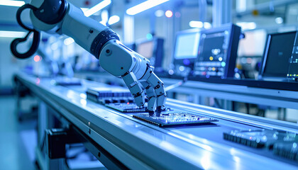 Fototapeta premium Intelligent Robotic Hand Assembles Microchips. Semiconductor Production Lab.