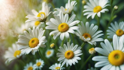 Obraz premium A bunch of daisies in a garden with sunlight shining on them. Flowers and nature, floral scenery. The image of daisies, botanical and outdoor.