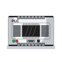 Programmable Logic Controller (PLC) vector illustration in front view, showing input output terminals, control buttons, and display. Used for automation, machinery control, and industrial processes.
