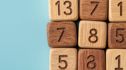 Wooden Number Blocks on Light Blue Surface Carved Dark Brown Numerals