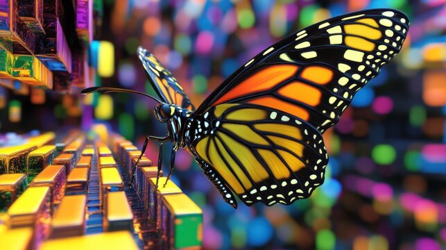 Monarch butterfly landing colorful blocks, bokeh background; digital art