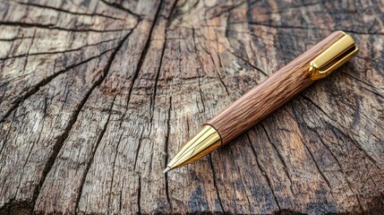 Wooden Pen with Golden Accents Resting on Detailed Tree Stump with Ring Texture