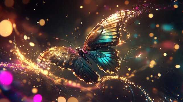 Glittering butterfly taking flight, bokeh background, digital art - Powered by Adobe
