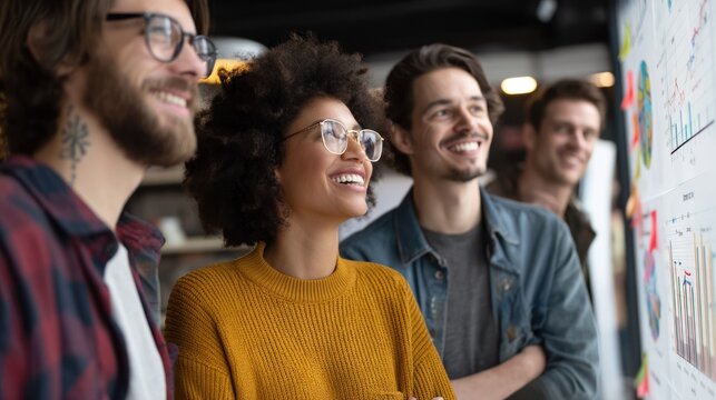 Casual team discussing business growth on digital whiteboard with graphs and charts