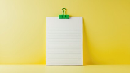 A blank lined notebook clipart with a green paperclip on a yellow background.