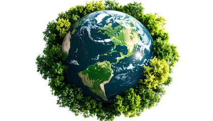 Globe surrounded by lush green trees represents environmental conservation and global sustainability