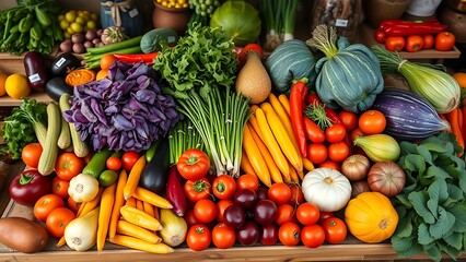 Fresh organic vegetables neatly arranged on a rustic wooden market counter.