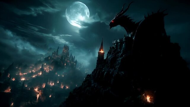 A dark, atmospheric fantasy scene featuring a towering castle engulfed in flames, with a large, menacing dragon looming over it. The castles spires and turrets are silhouetted against a stormy sky.