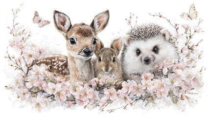 AKWARELOWE MALOWIDŁO PRZEDSTAWIAJĄCE SARNIĄTKO, JEŻA I WIEWIÓRKĘ OTOCZONE KWIATAMI