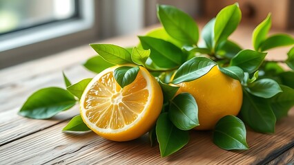 Bright lemon with green leaves on a rustic wooden surface, illuminated by natural window light.