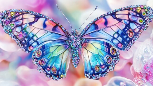 Jewel-toned butterfly wings, floral bokeh, digital art, greeting card - Powered by Adobe