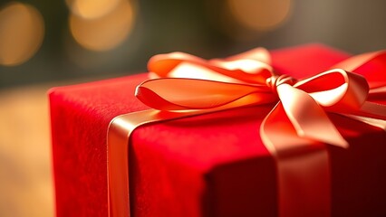 Velvety red gift box with satin ribbon, highlighting luxurious textures and warm lighting.