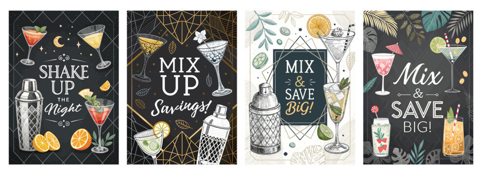 Colorful cocktail illustrations on a dark background, showcasing various drinks and mixology themes.