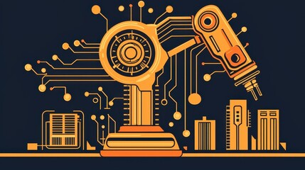 Yellow and Orange Robotic Arm Pixel Art on Navy Blue Background with Buildings
