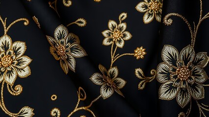 Black luxury fabric with floral embroidery and gold threads, showcasing elegant texture detail.