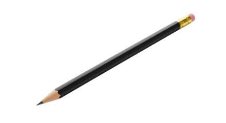 A pristine, sharpened black wooden pencil with a brass ferrule and pink eraser, lying diagonally on a transparent studio background with negative space, concept of learning and creativity.
