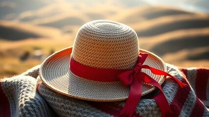 Finely woven huaso hat with a red ribbon, resting on a woolen poncho with sunlit hills in the distance.