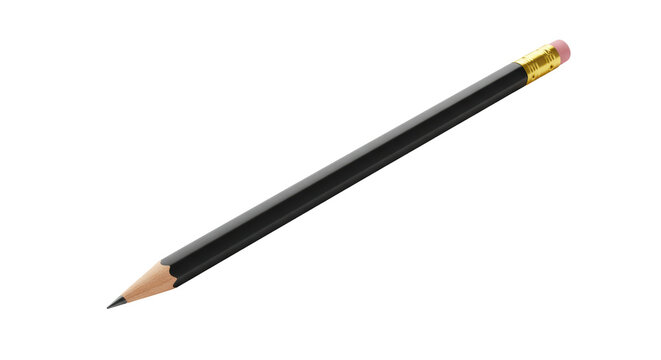 A pristine, sharpened black wooden pencil with a brass ferrule and pink eraser, lying diagonally on a transparent studio background with negative space, concept of learning and creativity. - Powered by Adobe