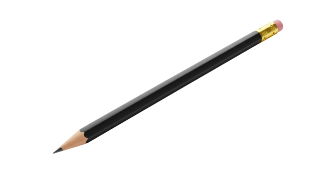 A pristine, sharpened black wooden pencil with a brass ferrule and pink eraser, lying diagonally on a transparent studio background with negative space, concept of learning and creativity.