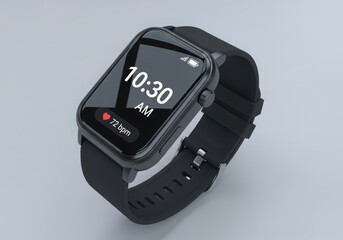Modern smartwatch with black band displaying time and heart rate on screen
