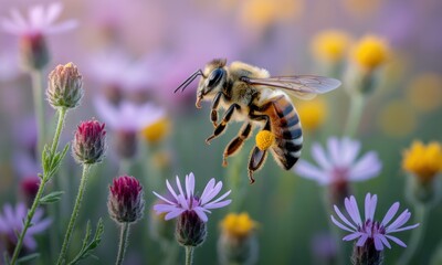 A honeybee in flight amidst wildflowers.  Focuses on a vibrant honeybee in mid-air, surrounded by a profusion of various purple, pink, and yellow wildflowers. Soft, natural light bathes the scene