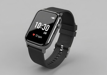 Modern smartwatch with black band displaying time and heart rate on screen