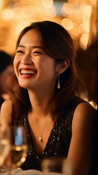 パーティのディナーで笑う日本人女子の縦長ビデオ