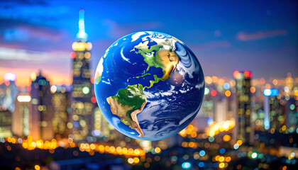 A globe floating above city lights, global connections, the concept of travel and communication.