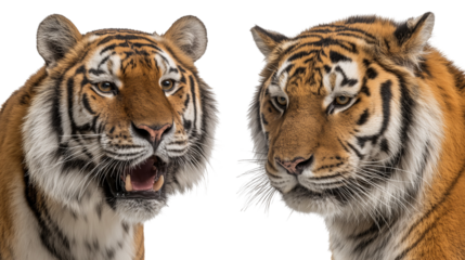 Two tigers facing forward, close